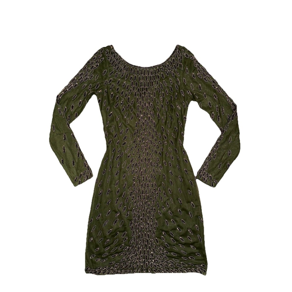 Aiden Mattox Green Beaded Jewels Peacock Long Sleeve Cocktail Dress Size 8
